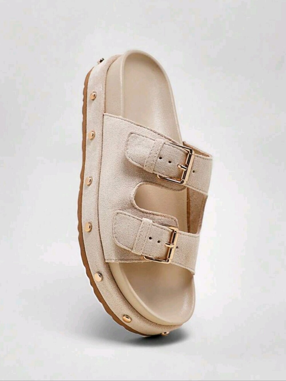 Beige Double-Buckle Platform Slide Sandal with Gold Studs